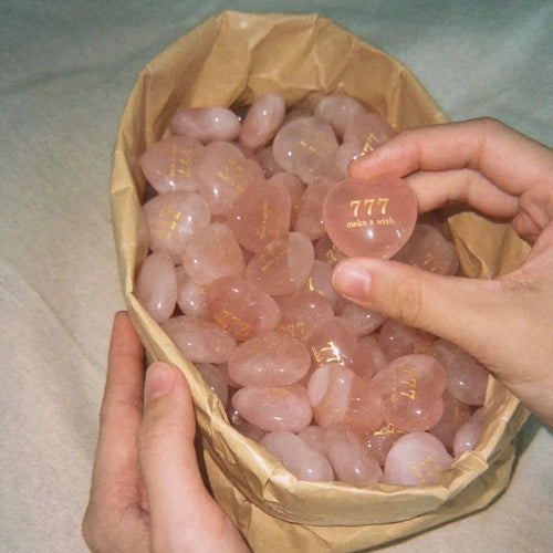 CIRCLEARA angel number crystal hearts, set of four etched manifestation tools (111 Alignment, 333 Support, 444 Protection, 777 Luck).