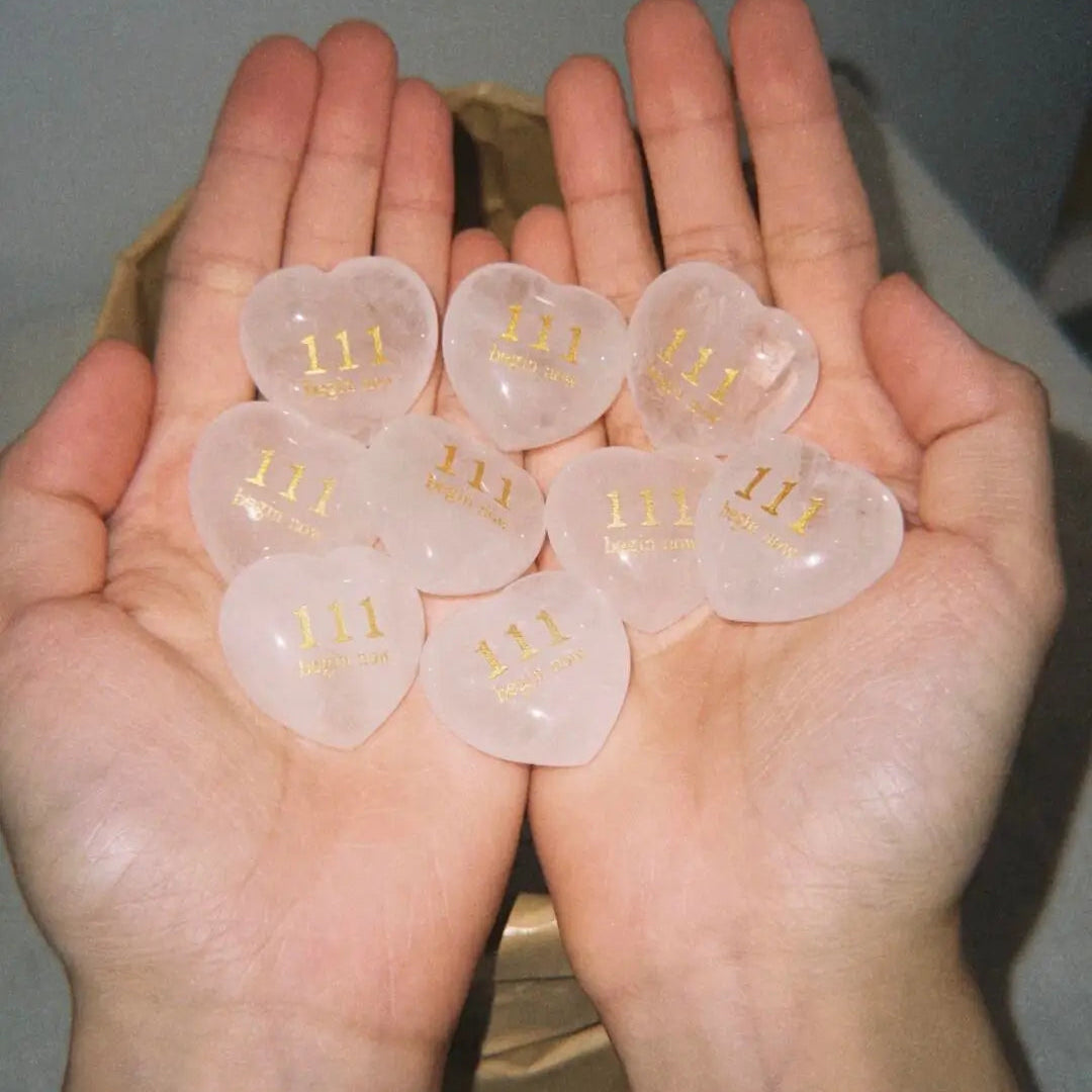CIRCLEARA angel number crystal hearts, set of four etched manifestation tools (111 Alignment, 333 Support, 444 Protection, 777 Luck).