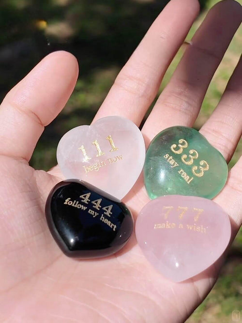 CIRCLEARA angel number crystal hearts, set of four etched manifestation tools (111 Alignment, 333 Support, 444 Protection, 777 Luck)
