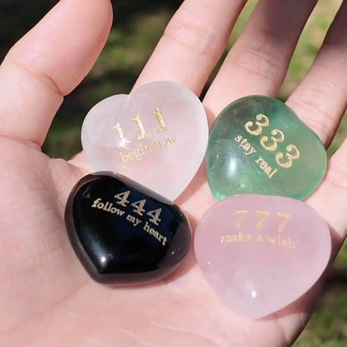 CIRCLEARA angel number crystal hearts, set of four etched manifestation tools (111 Alignment, 333 Support, 444 Protection, 777 Luck).