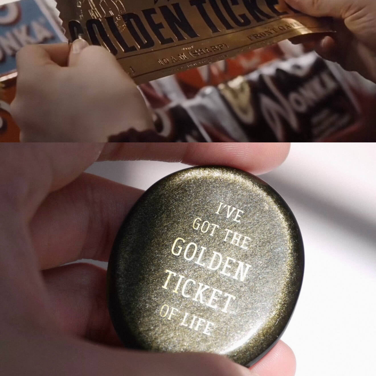 CIRCLEARA "Golden Ticket" manifest stone. Deep sheen mineral with gold-etched motivational mantra, designed as a tactile artifact for owning your abundance.