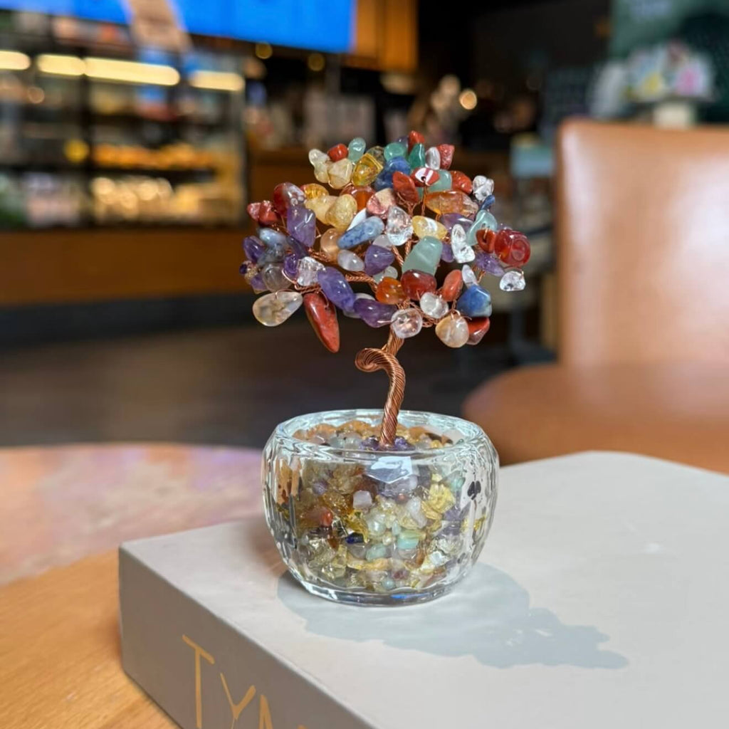 Handcrafted multi-crystal energy tree desk anchor featuring a diverse canopy of Amethyst, Clear Quartz, Aventurine, Red Agate, and Citrine chips, rooted in a minimalist glass basin.