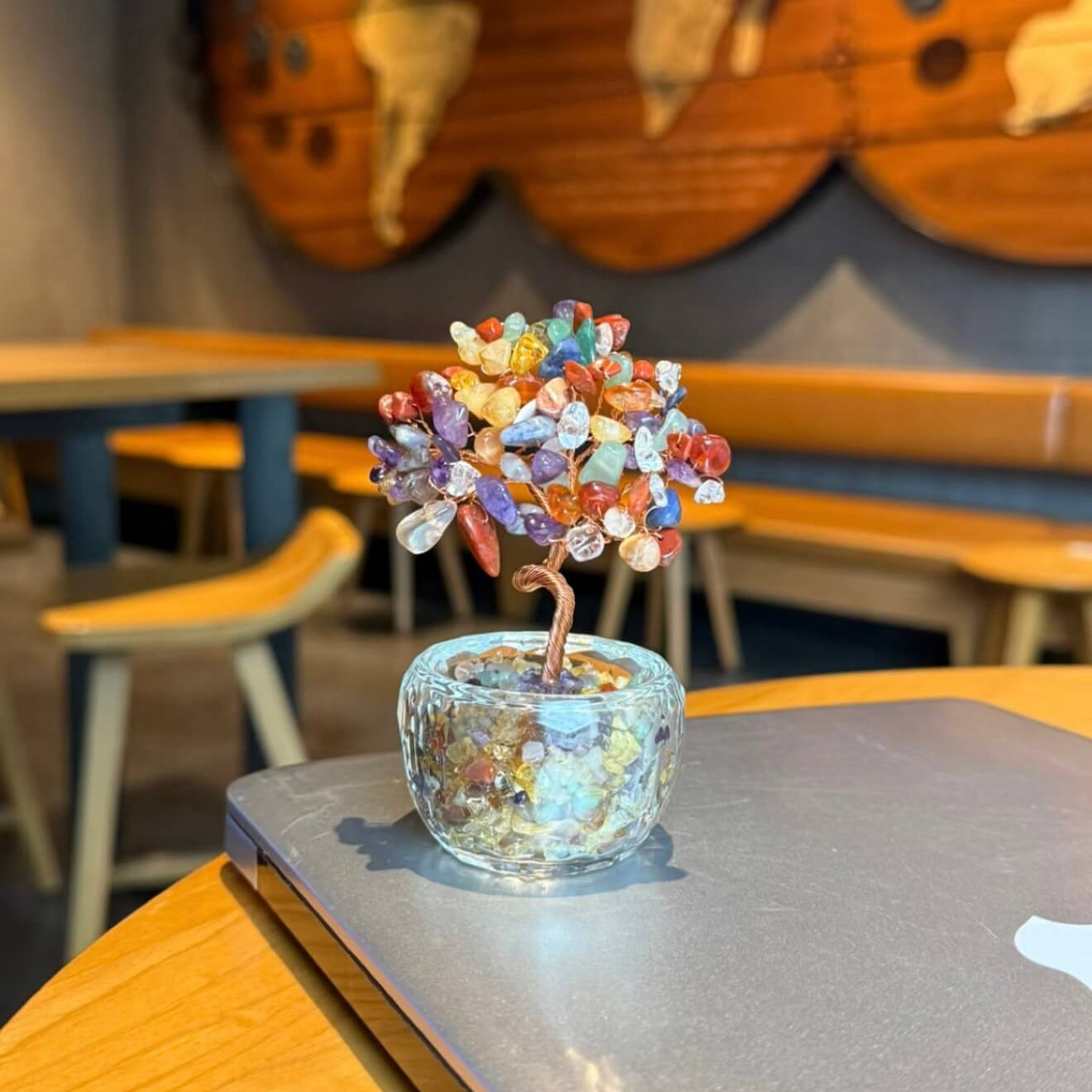 Handcrafted multi-crystal energy tree desk anchor featuring a diverse canopy of Amethyst, Clear Quartz, Aventurine, Red Agate, and Citrine chips, rooted in a minimalist glass basin.