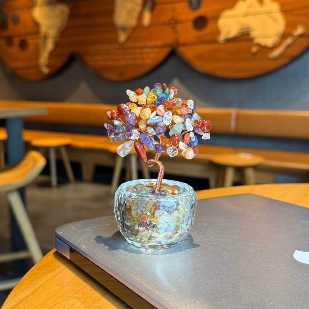 Handcrafted multi-crystal energy tree desk anchor featuring a diverse canopy of Amethyst, Clear Quartz, Aventurine, Red Agate, and Citrine chips, rooted in a minimalist glass basin.