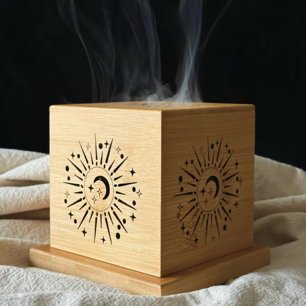 Bamboo Smudge Box with Celestial Sun and Moon Design for Crystal Cleansing