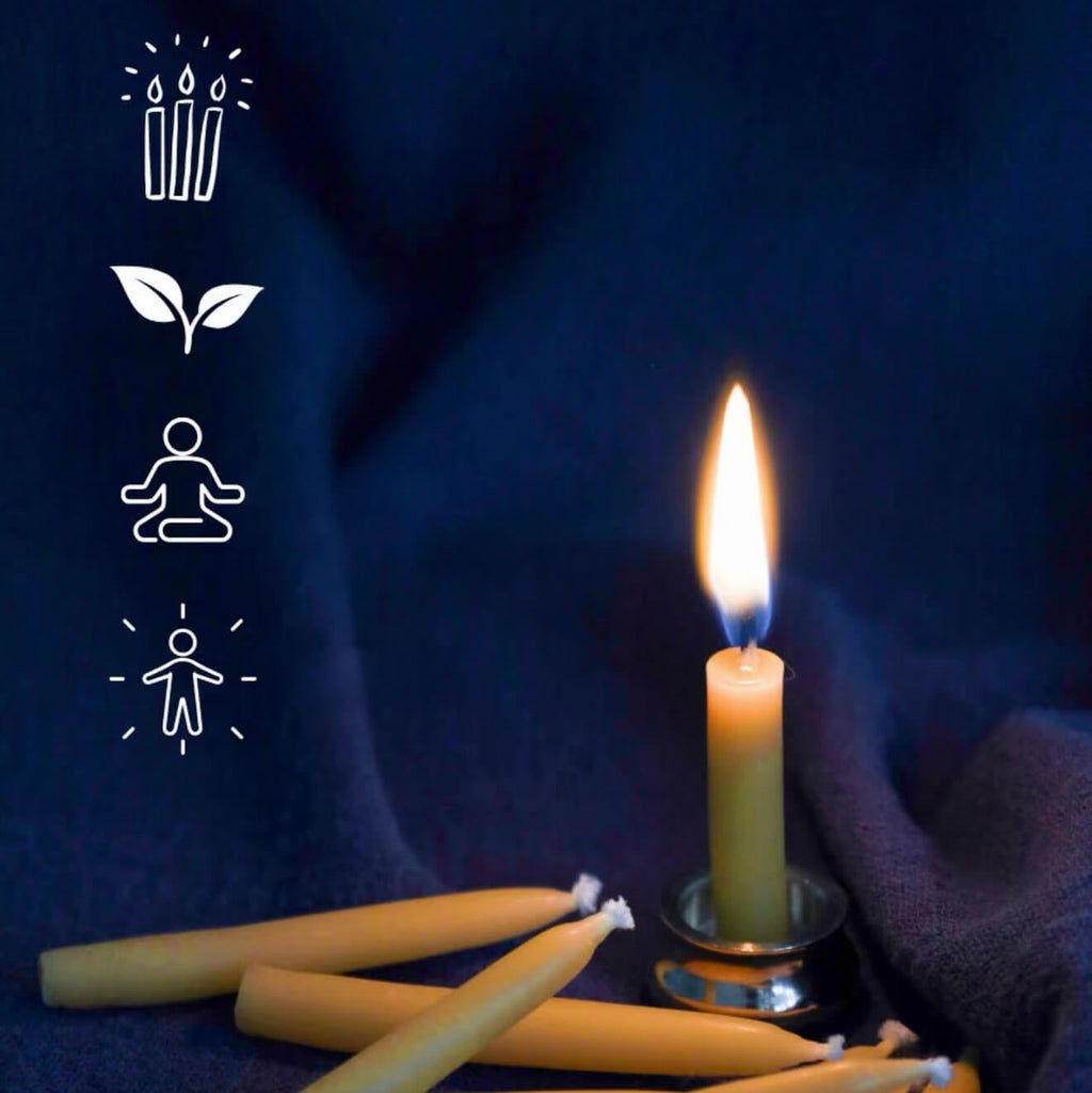 Handcrafted 20-minute golden beeswax meditation candle set by CIRCLEARA, featuring a lit petite taper candle in a solid brass holder and a minimalist ritual gift box on a dark textured surface.