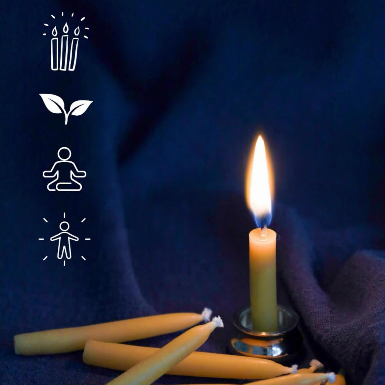 Handcrafted 20-minute golden beeswax meditation candle set by CIRCLEARA, featuring a lit petite taper candle in a solid brass holder and a minimalist ritual gift box on a dark textured surface.