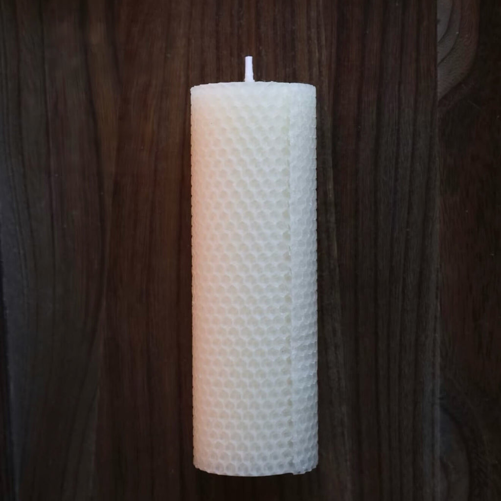 Handcrafted Pure Alabaster white beeswax honeycomb candle set by CIRCLEARA, featuring textured geometric pillar candles lit on a minimalist zen background for meditation.