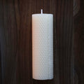 Handcrafted Pure Alabaster white beeswax honeycomb candle set by CIRCLEARA, featuring textured geometric pillar candles lit on a minimalist zen background for meditation.