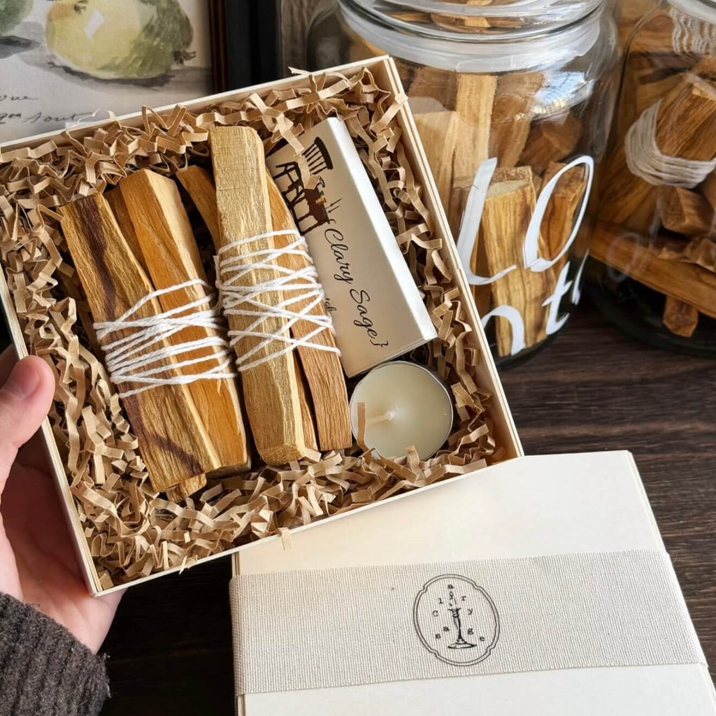 A premium CIRCLEARA Palo Santo gift box, containing hand-split sacred wood sticks and ritual accessories for space purification.