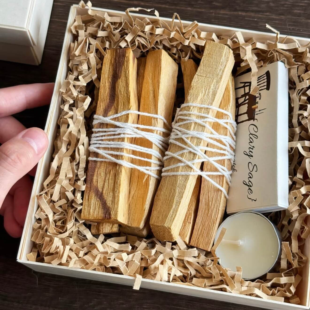 A premium CIRCLEARA Palo Santo gift box, containing hand-split sacred wood sticks and ritual accessories for space purification.