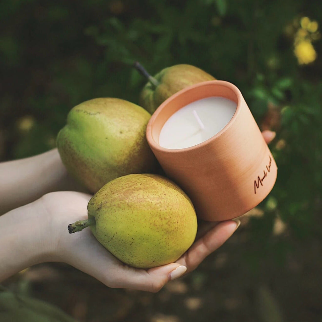 CIRCLEARA Whisky Pear scented candle in a rustic, porous red terracotta vessel, styled outdoors with fresh green pears to showcase the natural, earthen grounding aesthetic.