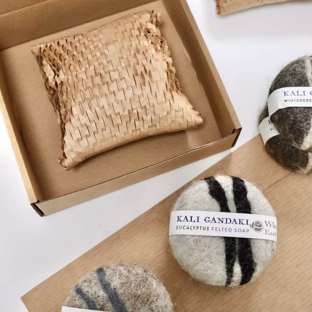 Close-up of the Kali Gandaki felted soap with striped wool patterns, highlighting the raw texture and artisanal Himalayan craftsmanship.