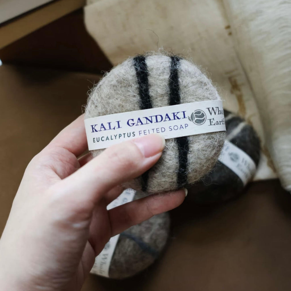 Close-up of the Kali Gandaki felted soap with striped wool patterns, highlighting the raw texture and artisanal Himalayan craftsmanship.