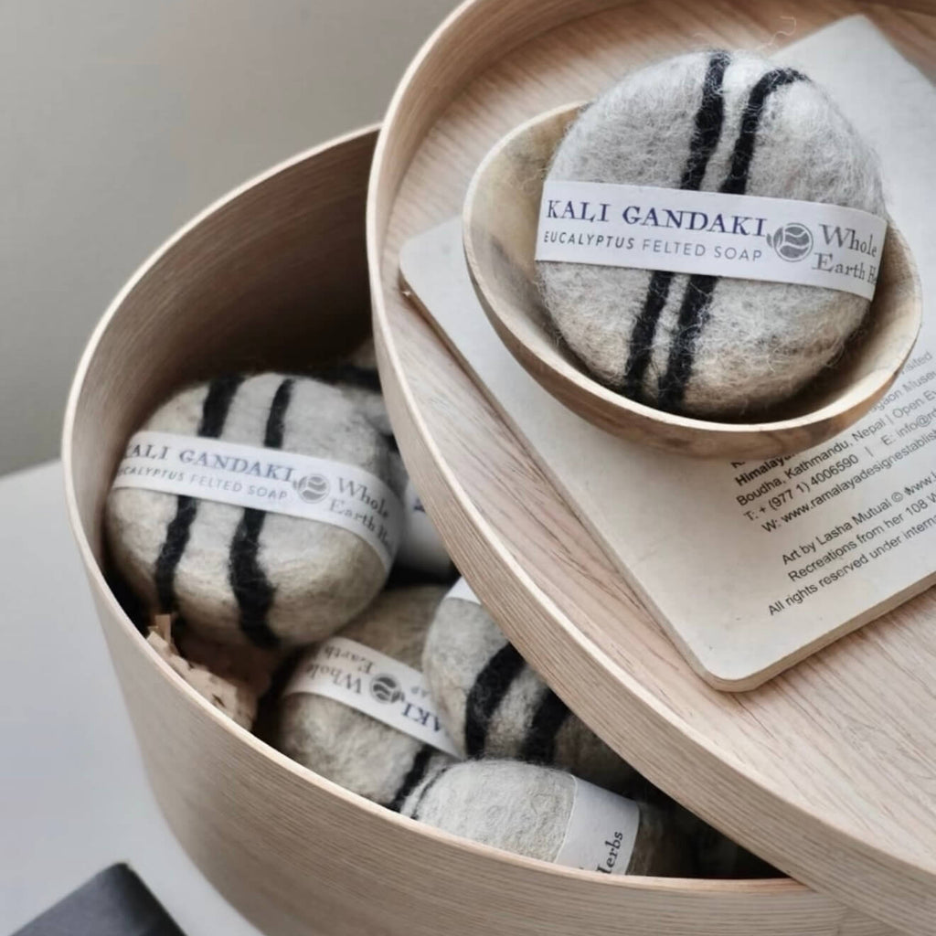 Close-up of the Kali Gandaki felted soap with striped wool patterns, highlighting the raw texture and artisanal Himalayan craftsmanship.