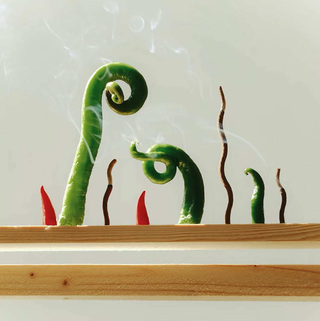 A single wavy botanical incense stick by CIRCLEARA in a red terracotta holder, representing a fluid energy reset.