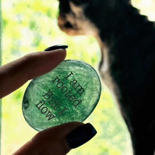 CIRCLEARA "I am rooted, But I flow" etched Green Aventurine stone. A tactile grounding mineral for heart chakra stability and navigating life's transitions.