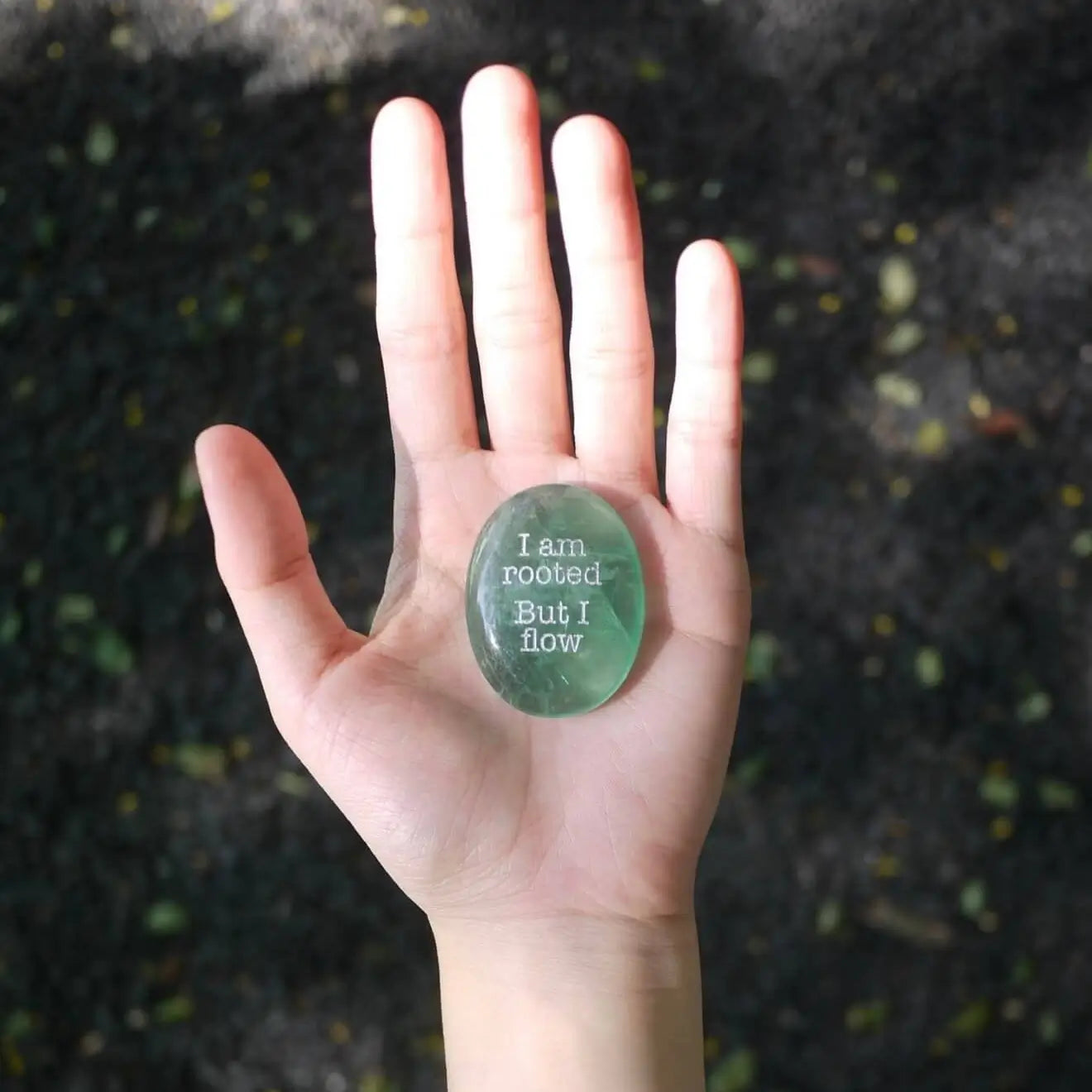 CIRCLEARA "I am rooted, But I flow" etched Green Aventurine stone. A tactile grounding mineral for heart chakra stability and navigating life's transitions.