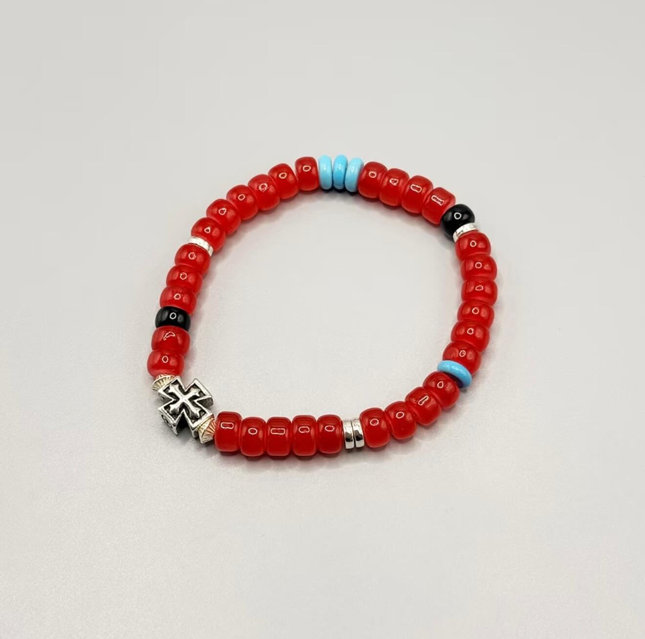 CIRCLEARA Crimson Compass Men's Bracelet with red glaze beads and silver cross. A tactile grounding tool and minimalist gift for daily focus.