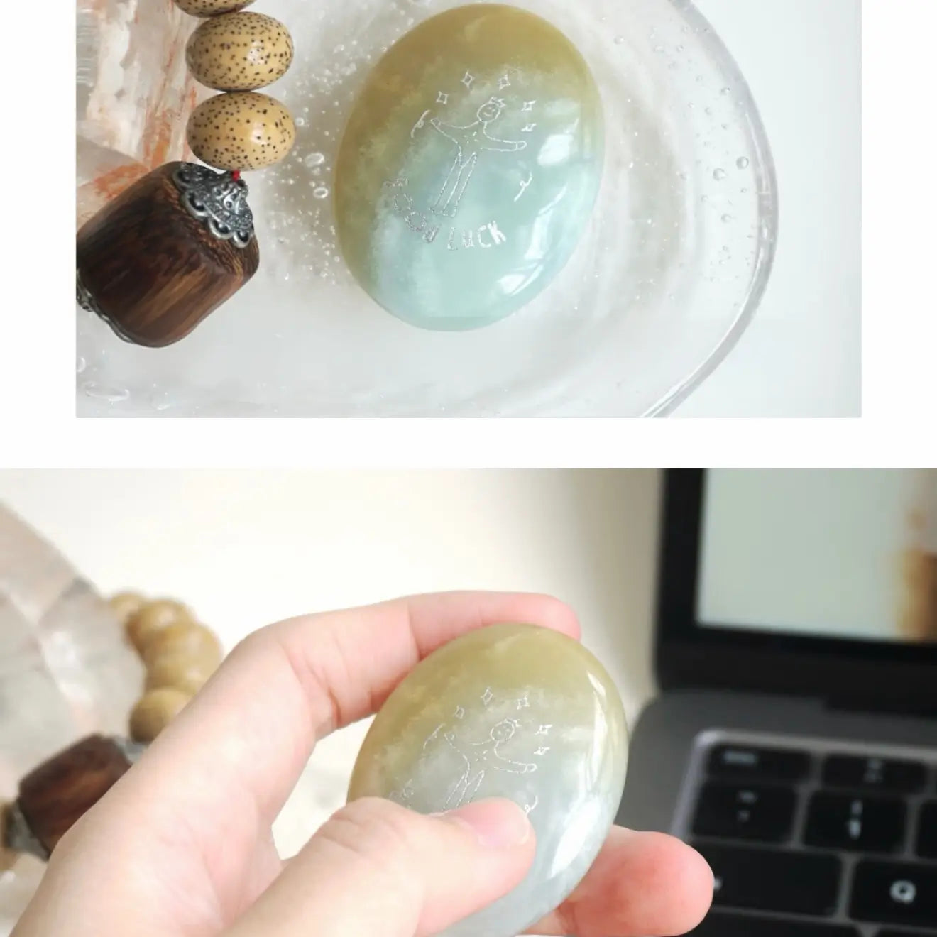 Handcrafted 46mm natural Amazonite and Rose Quartz pocket friend stones by CIRCLEARA, featuring silver-etched whimsical character engravings for best friends.