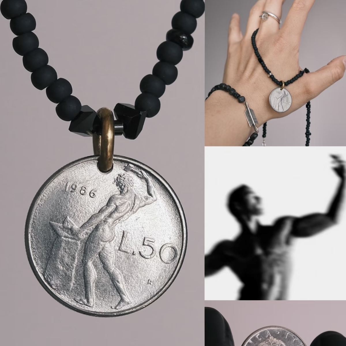 Close-up shot of CIRCLEARA boundary necklace featuring a weighted silver vintage coin pendant with an engraved classical deity, connected by a brass bail to premium Japanese Miyuki matte black glass beads.
