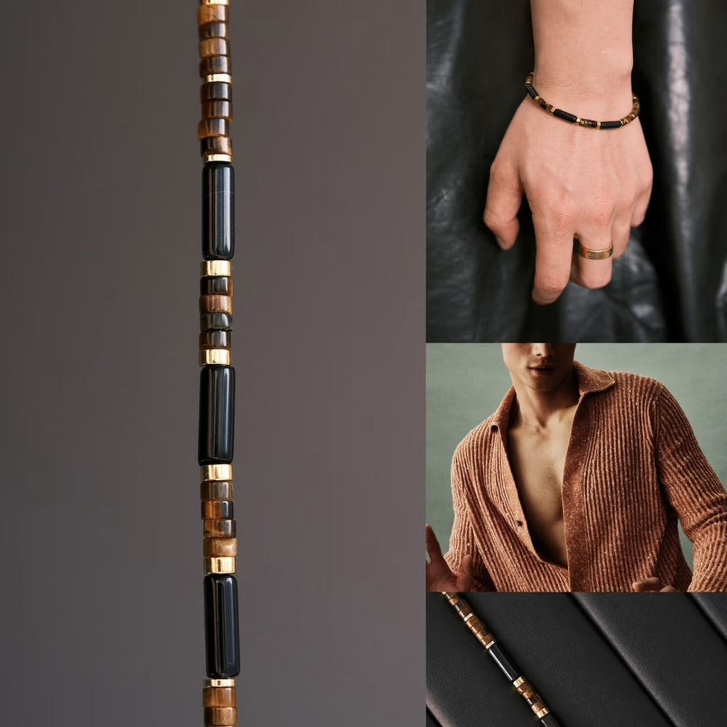 Minimalist men's beaded bracelet featuring polished black obsidian cylindrical bamboo tubes and golden yellow tiger's eye disc spacers by CIRCLEARA.