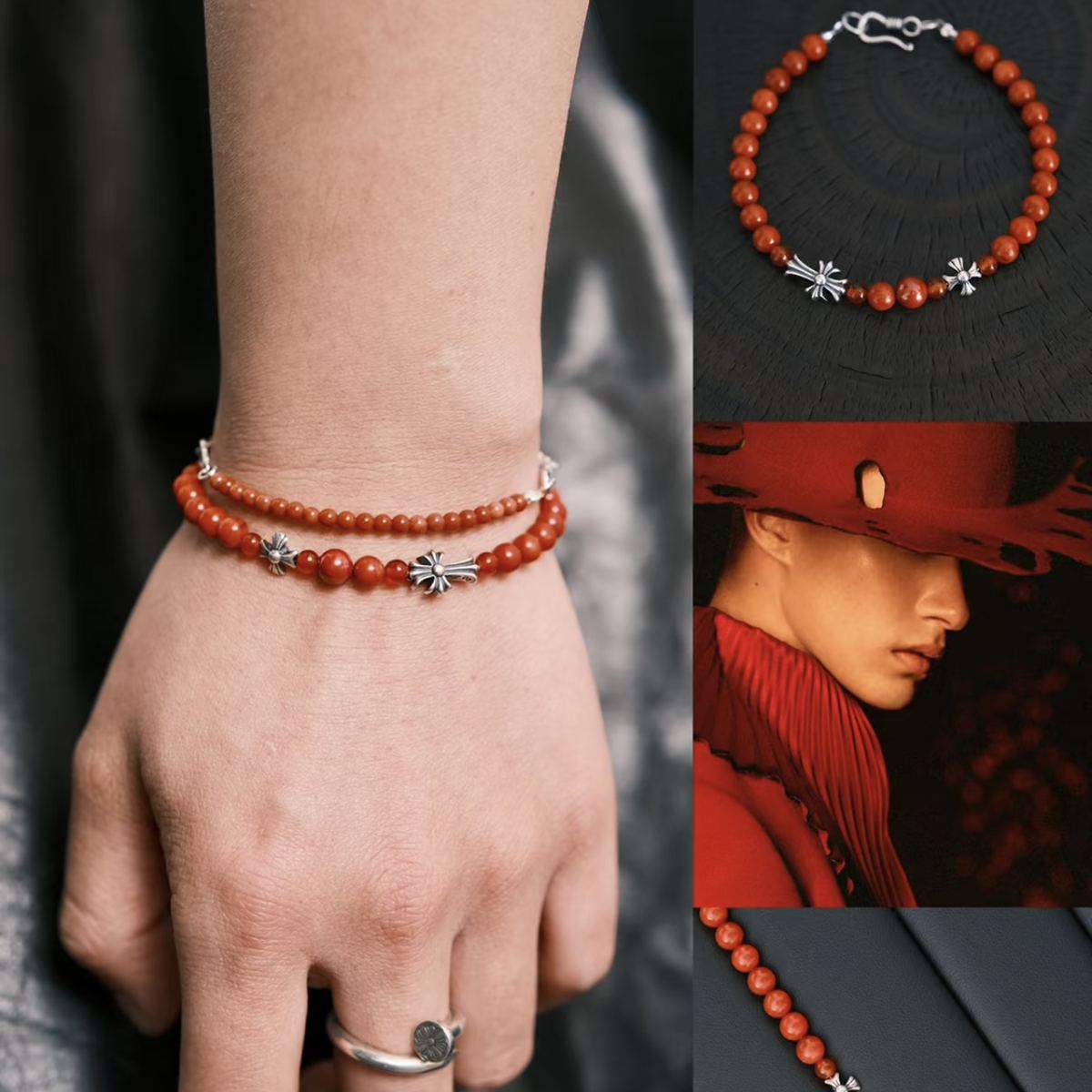 Handcrafted 6.3mm natural cherry-red Nanhong agate beaded bracelet with a 925 sterling silver vintage sunburst charm worn on a wrist, by CIRCLEARA.