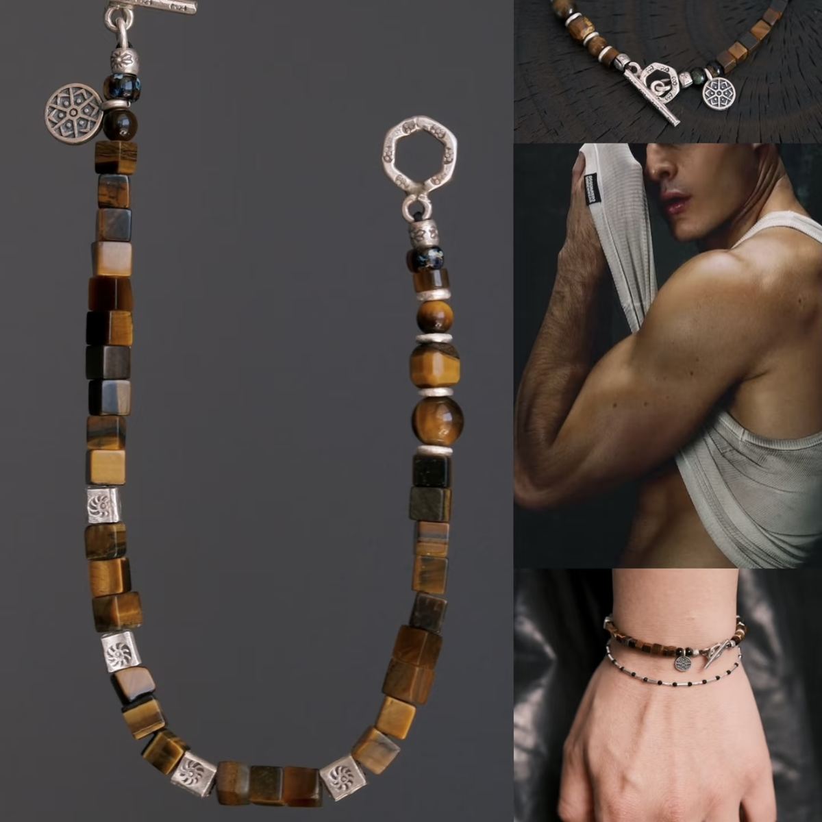 A flat-lay layout displaying the CIRCLEARA focus bracelet composed of geometric cube-cut brown tiger's eye stones, hand-hammered 925 sterling silver spacers, and an intricate circular silver charm, showing an organic minimalist style.