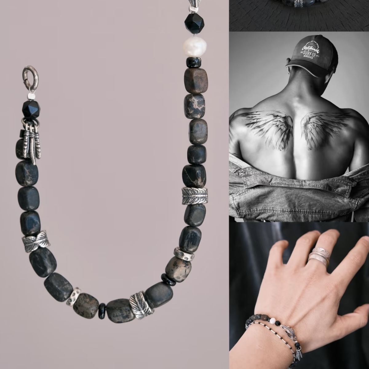 A high-contrast vertical shot of the CIRCLEARA Winged Sovereign bracelet, highlighting the detailed sequence of natural grey-brown veined jasper cubes, faceted black onyx, a single white baroque pearl, and an intricate 925 sterling silver feather charm.