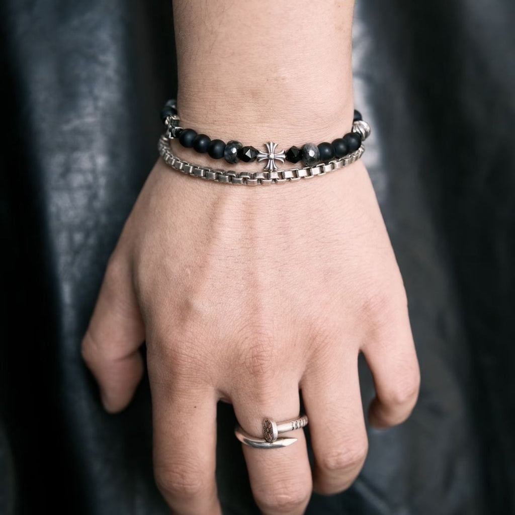 CIRCLEARA | Classic Gothic Obsidian & Labradorite Sterling Silver Bracelet