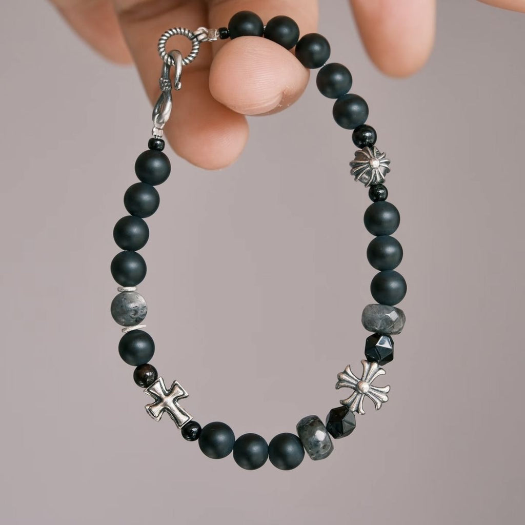 CIRCLEARA | Classic Gothic Obsidian & Labradorite Sterling Silver Bracelet