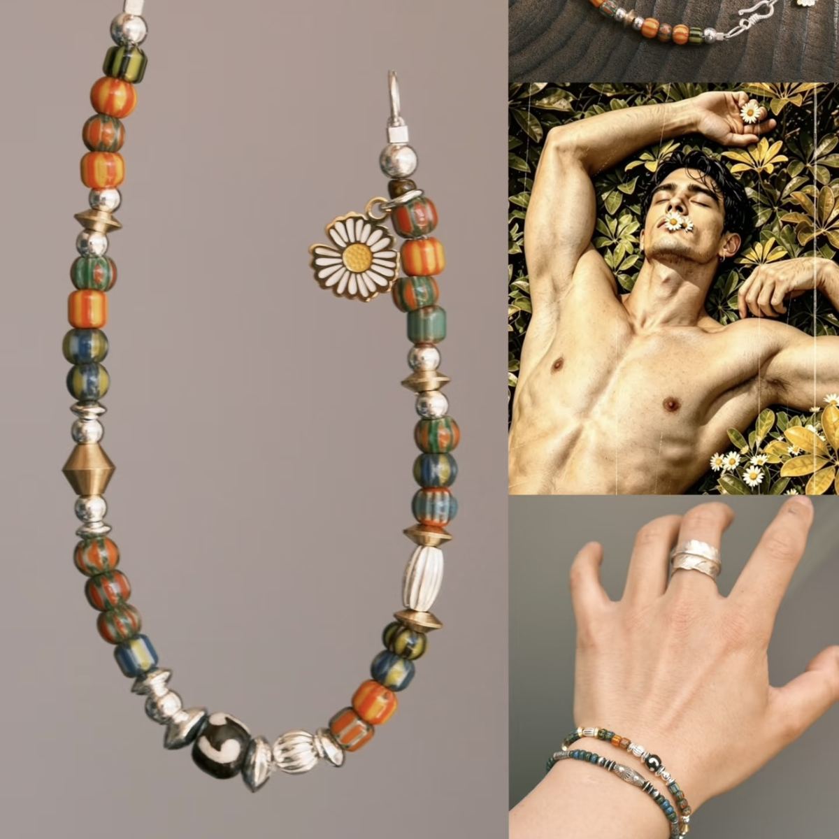 Handcrafted 6.3mm natural cherry-red Nanhong agate beaded bracelet with a 925 sterling silver vintage sunburst charm, by CIRCLEARA.