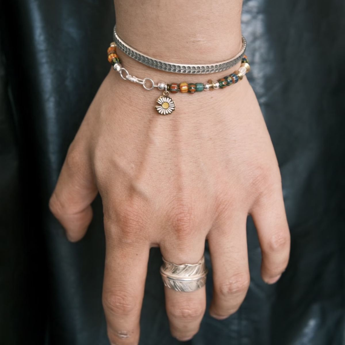 Handcrafted 6.3mm natural cherry-red Nanhong agate beaded bracelet with a 925 sterling silver vintage sunburst charm, by CIRCLEARA.