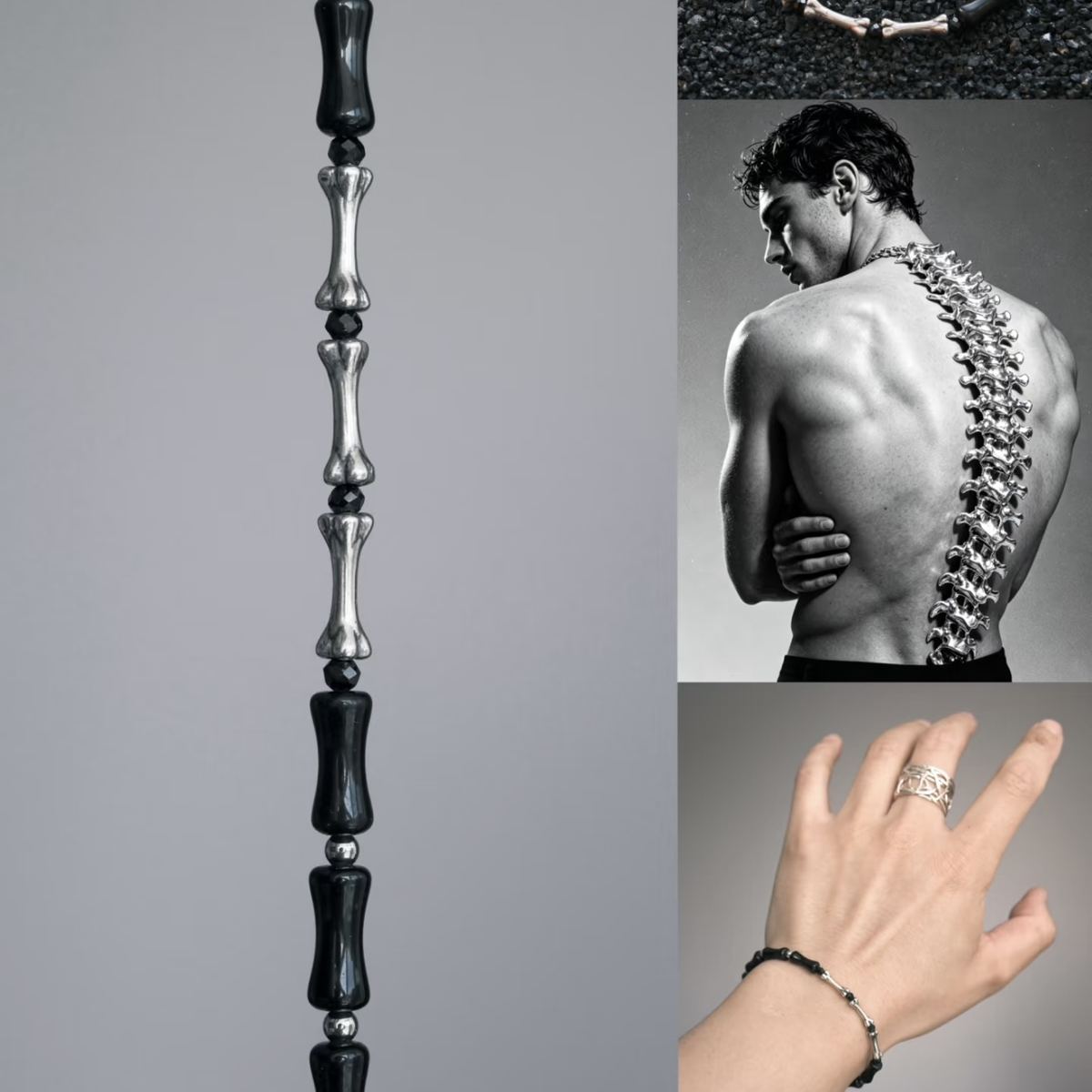 A vertical, high-contrast detail shot of the CIRCLEARA Backbone bracelet, highlighting the alternating sequence of glossy, curved black onyx cylinders and hand-contoured 925 sterling silver spinal joints.