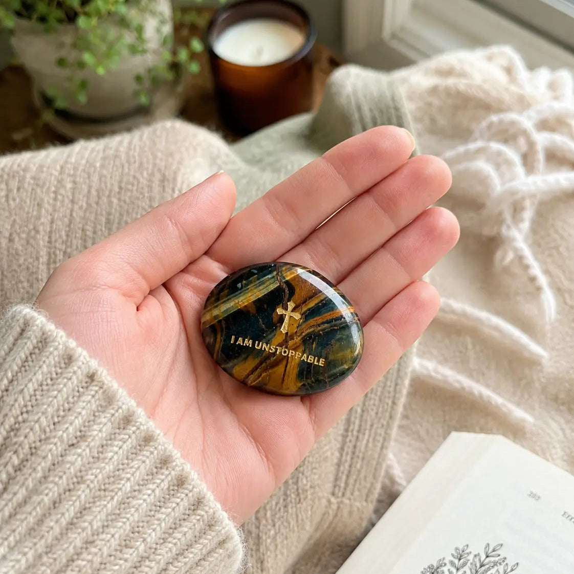 Handcrafted dual Tiger's Eye grounding palm stone by CIRCLEARA, featuring a golden engraved mindfulness quote "I AM UNSTOPPABLE" with rich amber and black banded crystal textures.